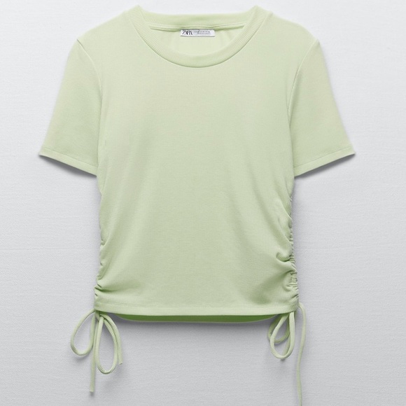 ZARA NWT RIBBED TOP WITH GATHERED DETAIL LIME MINT GREEN SMALL - Picture 4 of 12